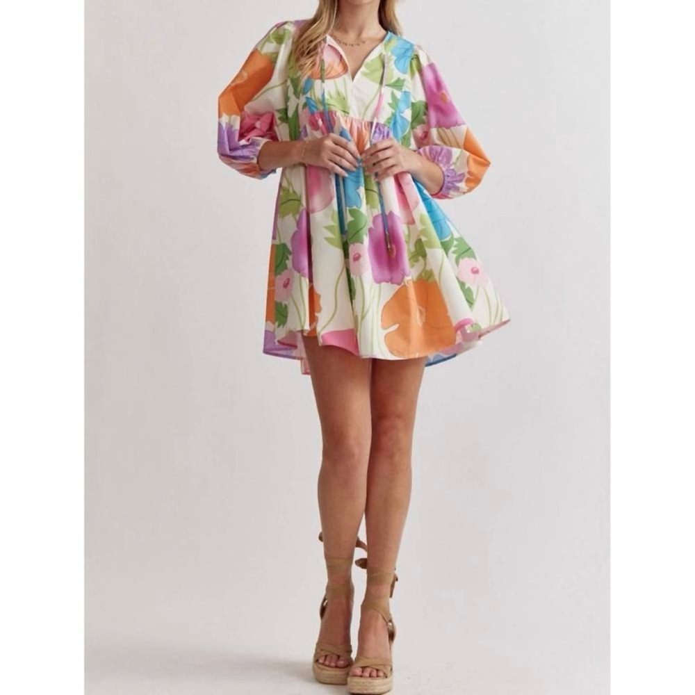 Entro Pink and Orange Mini Sundress with V-Neck and Bishop Sleeves